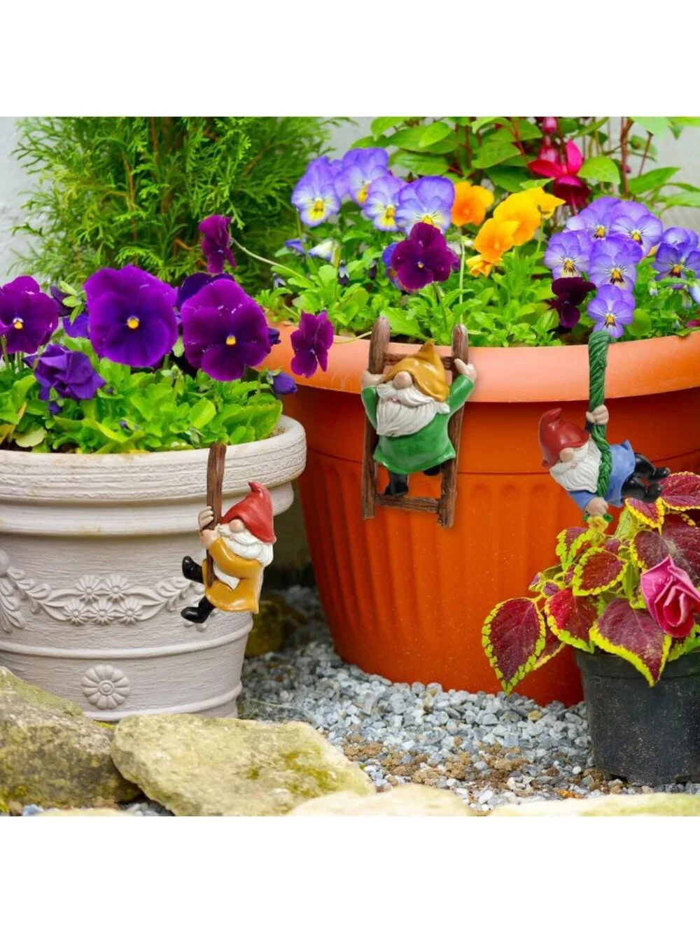 3PCS Cute Garden Gnome Figurines - Resin Plant Pot Huggers, Outdoor Decor